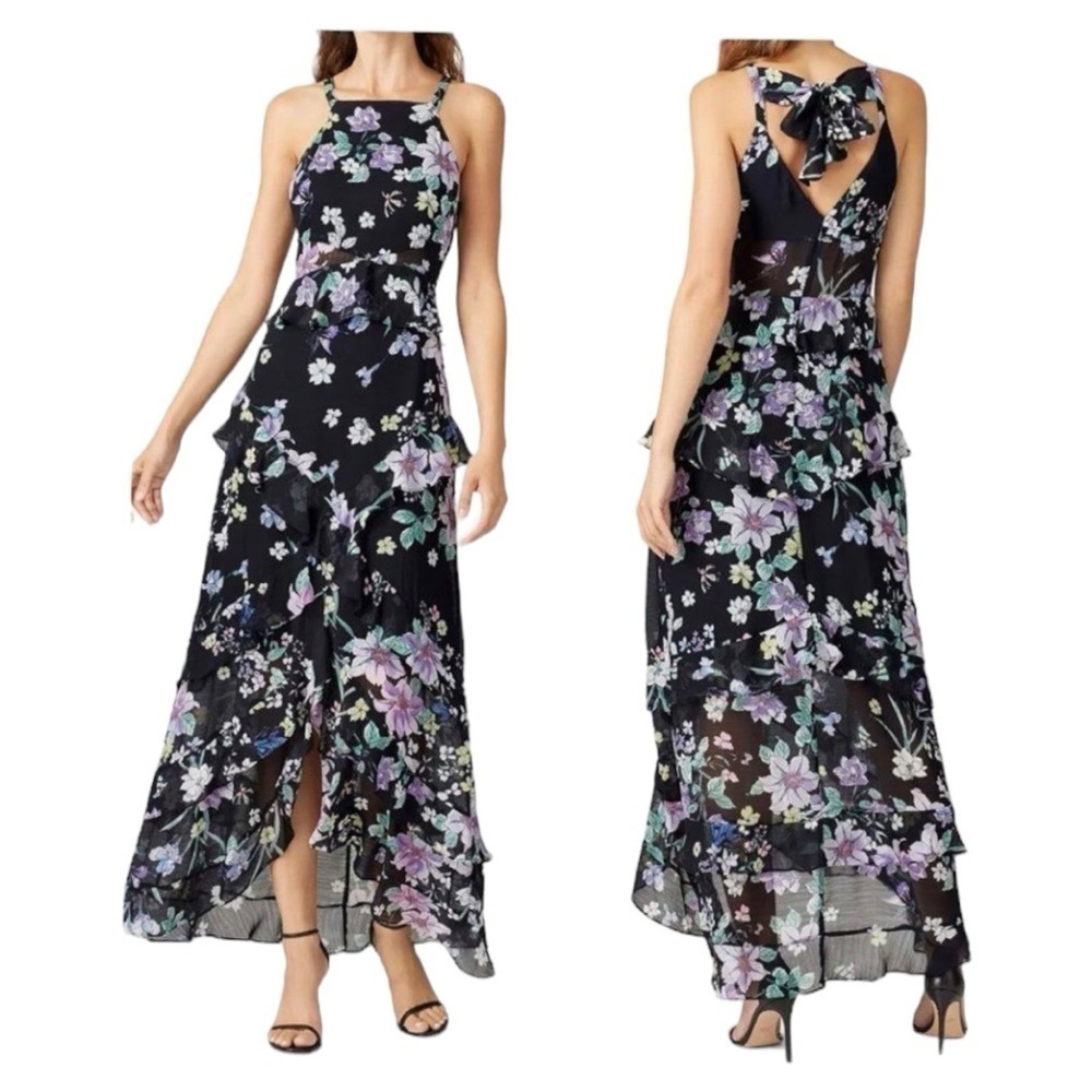 Great Jones Black Lilac Spaghetti Strap Floral
Ruffle Hem Maxi Dress